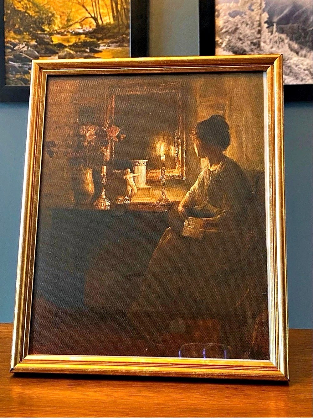 Framed Woman Reading Canvas Print Gold Tone Frame Dark Academia Decor